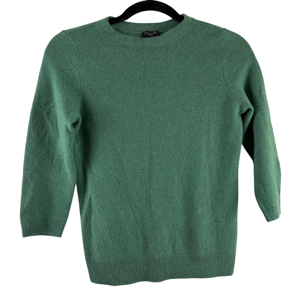 Talbots Petites Audrey Cashmere Sweater Green 3/4 Sleeve Preppy Quiet Luxury SP